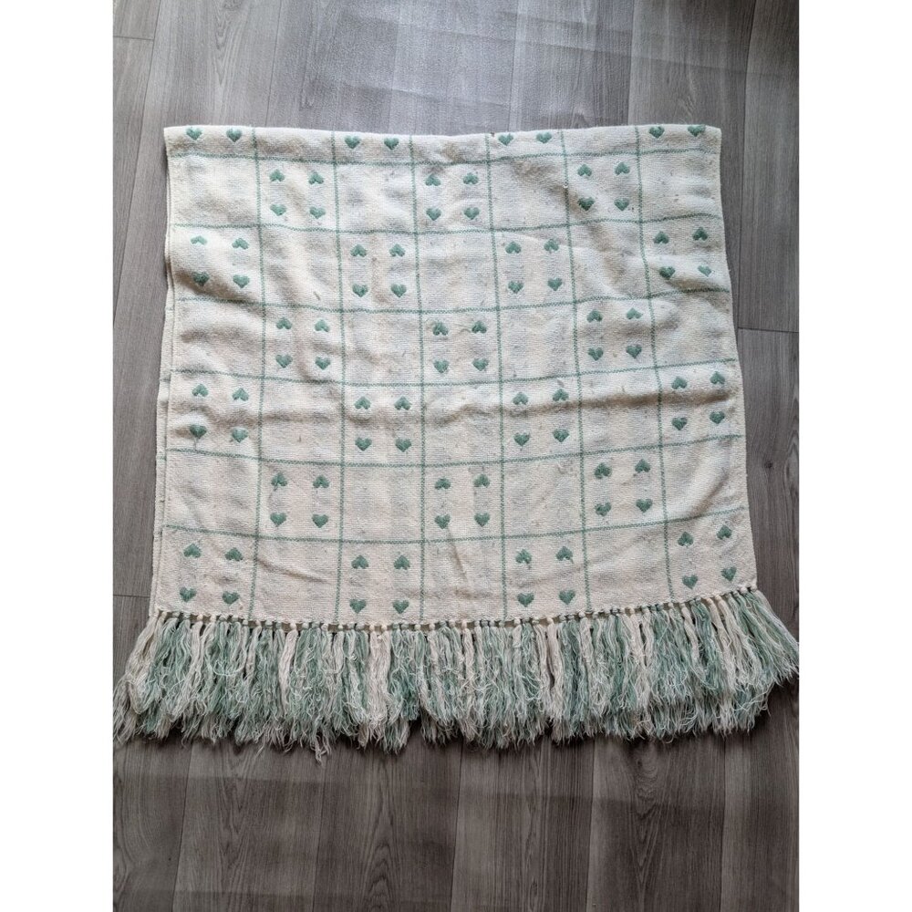 Handwoven Cotton Blanket With Green Heart Pattern & Fringe